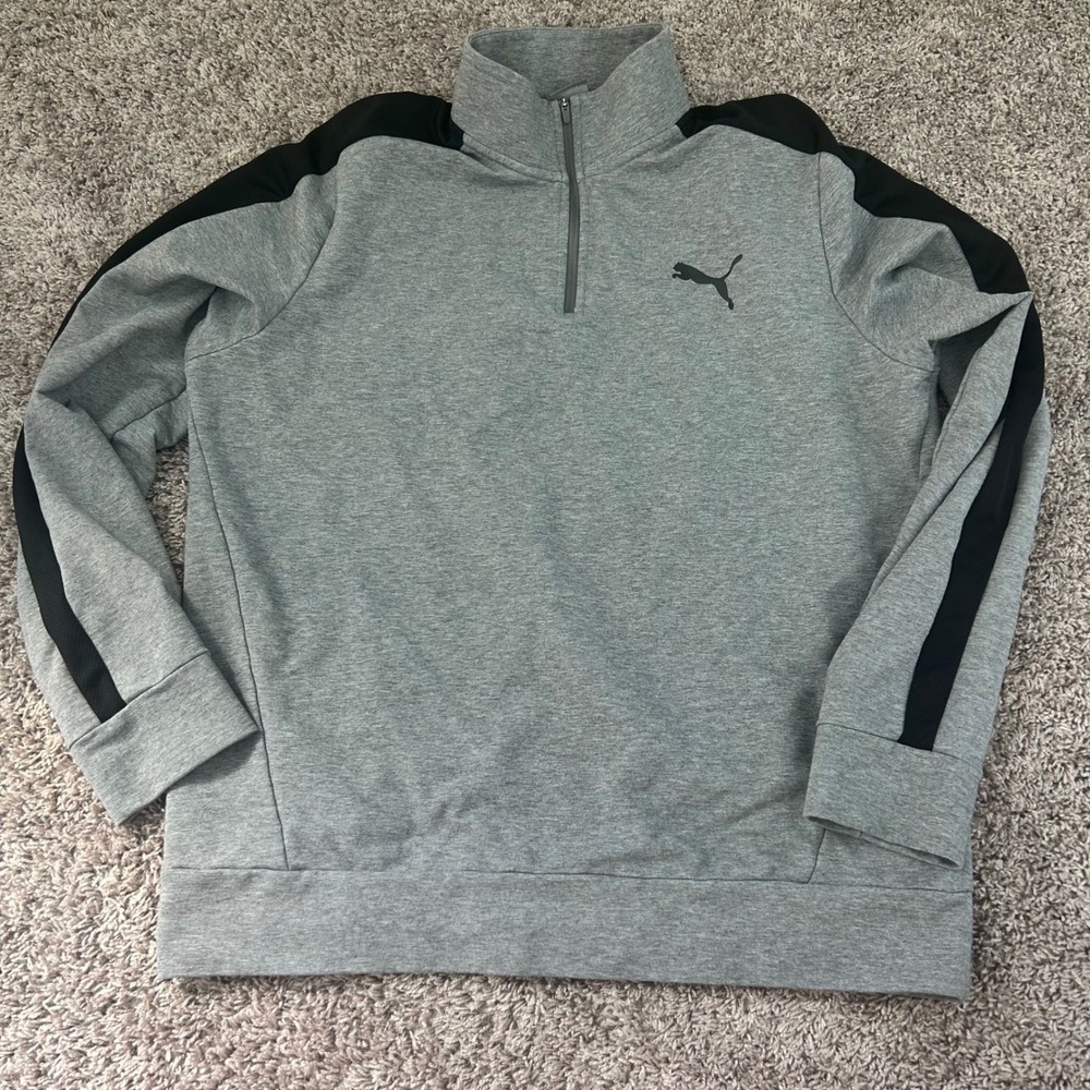 Puma Mens XL Quarter‎ Zip Pullover Grey Black Stripe Long Sleeve Sweatshirt